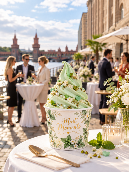 Mintgrünes Softeis im dekorierten Becher bei einem Sommerfest an der Spree (KI-generierte Abbildung)