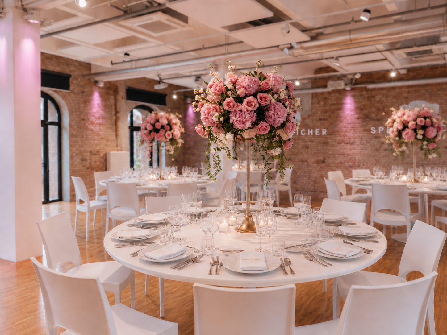 Runder Tisch mit hohem rosa Blumenschmuck (KI-generierte Abbildung)