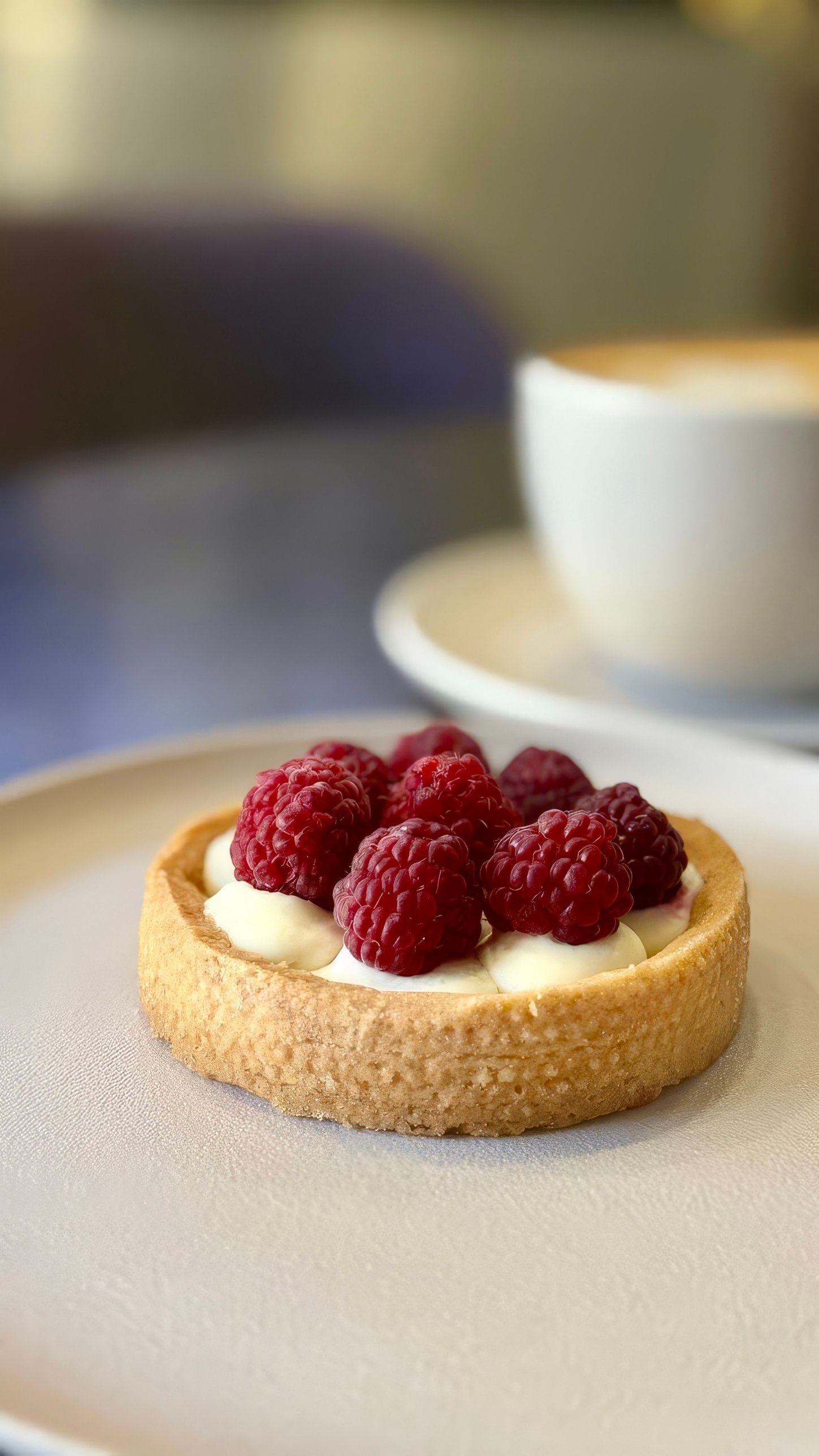 Himbeer-Tartelette mit heller Creme auf einem Teller