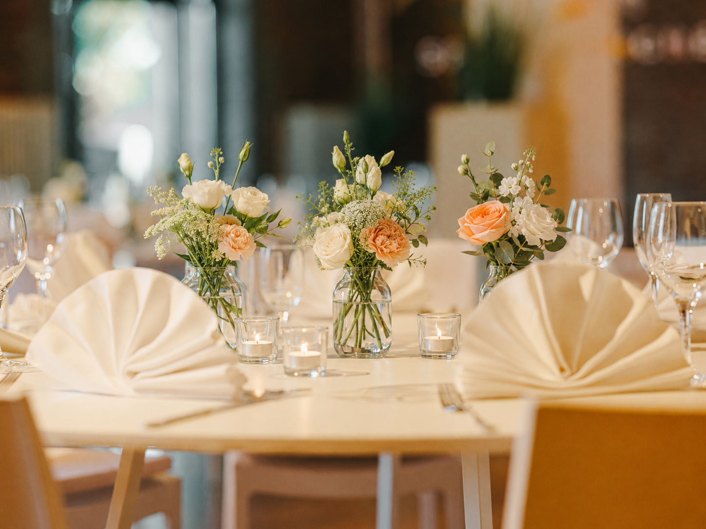 Blumenvasen mit hellen Blüten und Kerzen auf einer festlichen weißen Tafel (KI-generierte Abbildung)