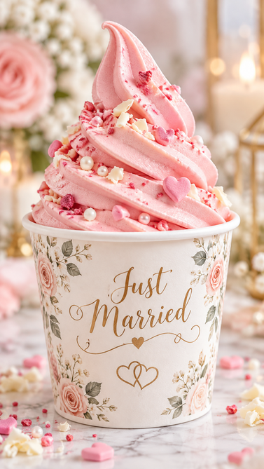Rosafarbenes Softeis mit Streuseln im Just-Married-Becher vor Blumendekoration (KI-generierte Abbildung)