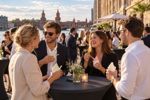 Kollegen genießen Softeis auf einer Terrasse an der Spree (KI-generierte Abbildung)