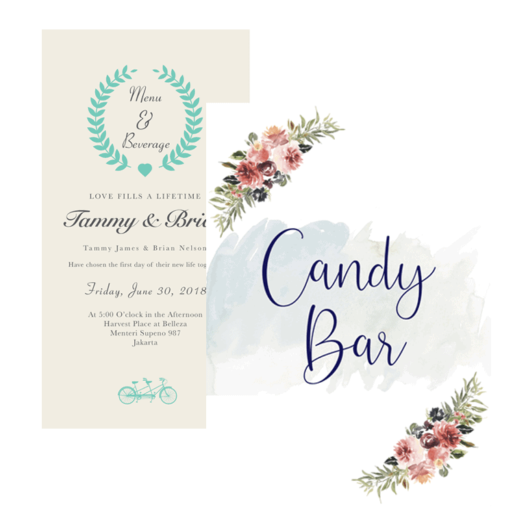 Florale Papeteriekarten mit Beschriftung für eine Candy Bar vor dunkelblauem Hintergrund
